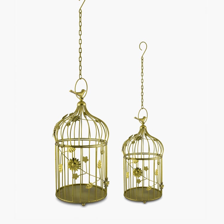 HOMESAKE Gold Bird Cage Iron Hanging T-Light With String Lights - Set Of 2