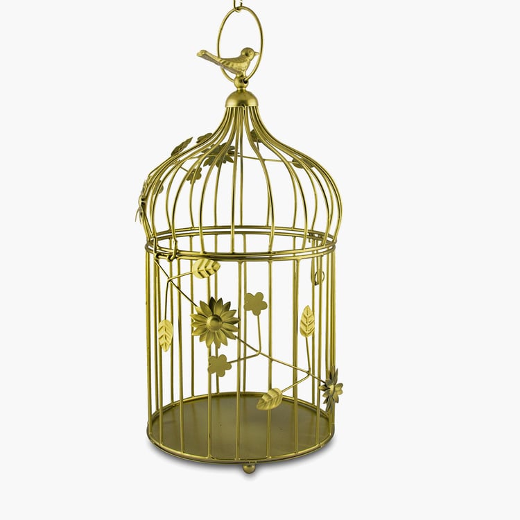 HOMESAKE Gold Bird Cage Iron Hanging T-Light With String Lights - Set Of 2