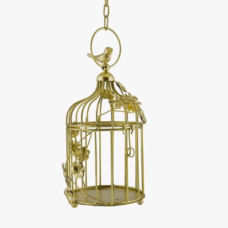 HOMESAKE Gold Bird Cage Iron Hanging T-Light With String Lights - Set Of 2