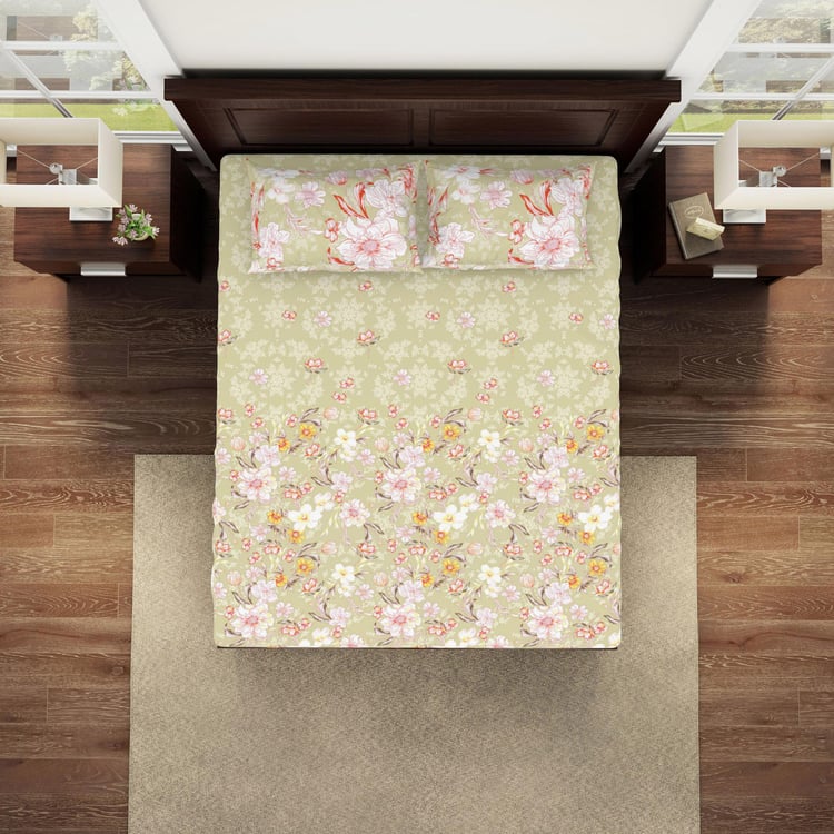 SPACES Essentials Yellow Floral Printed Cotton Super King Bedsheet Set - 274x274cm - 3Pcs