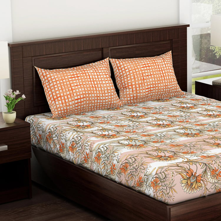 SPACES Essentials Orange Floral Printed Cotton King Bedsheet Set - 224x274cm - 3Pcs