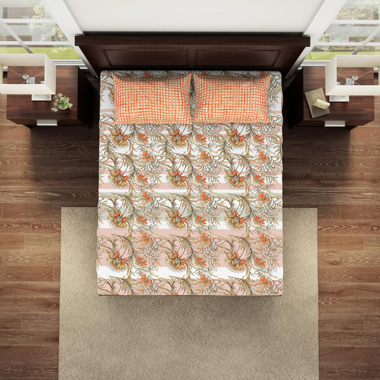 SPACES Essentials Orange Floral Printed Cotton King Bedsheet Set - 224x274cm - 3Pcs