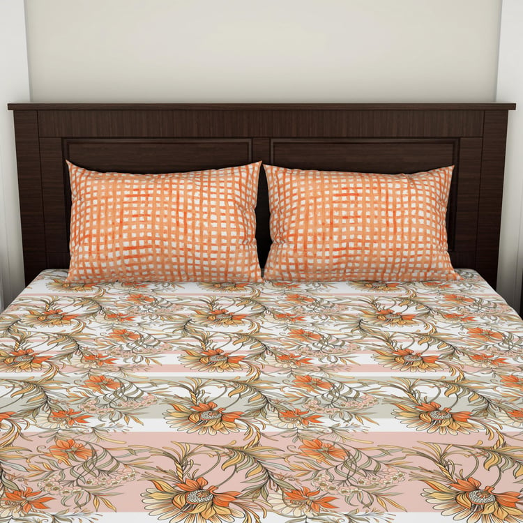 SPACES Essentials Orange Floral Printed Cotton King Bedsheet Set - 224x274cm - 3Pcs