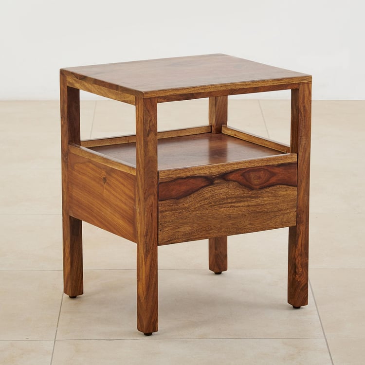 Helios Rubix Sheesham Wood Bed Side Table with Drawer - Brown