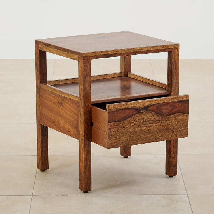 Helios Rubix Sheesham Wood Bed Side Table with Drawer - Brown