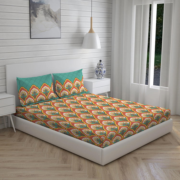 LAYERS Utsav Orange Ethnic Printed Cotton Queen Bedsheet Set - 254x224cm - 3Pcs