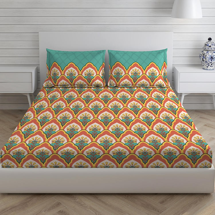 LAYERS Utsav Orange Ethnic Printed Cotton Queen Bedsheet Set - 254x224cm - 3Pcs