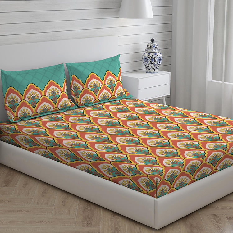 LAYERS Utsav Orange Ethnic Printed Cotton Queen Bedsheet Set - 254x224cm - 3Pcs