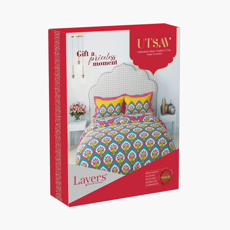 LAYERS Utsav Orange Ethnic Printed Cotton Queen Bedsheet Set - 254x224cm - 3Pcs