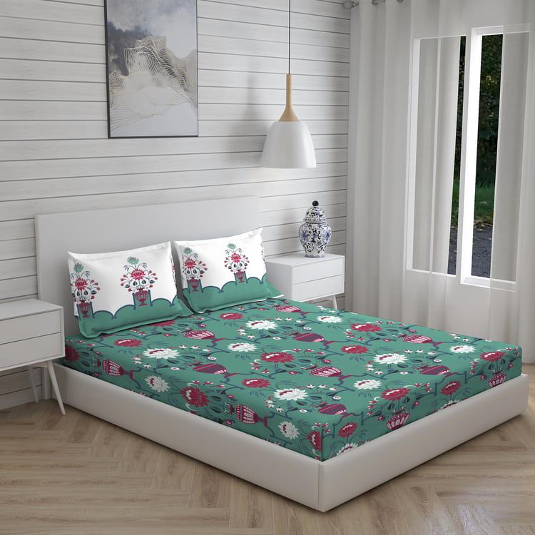 LAYERS Utsav Green Floral Printed Cotton Queen Bedsheet Set - 254x224cm - 3Pcs