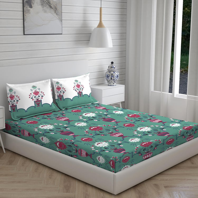 LAYERS Utsav Green Floral Printed Cotton Queen Bedsheet Set - 254x224cm - 3Pcs