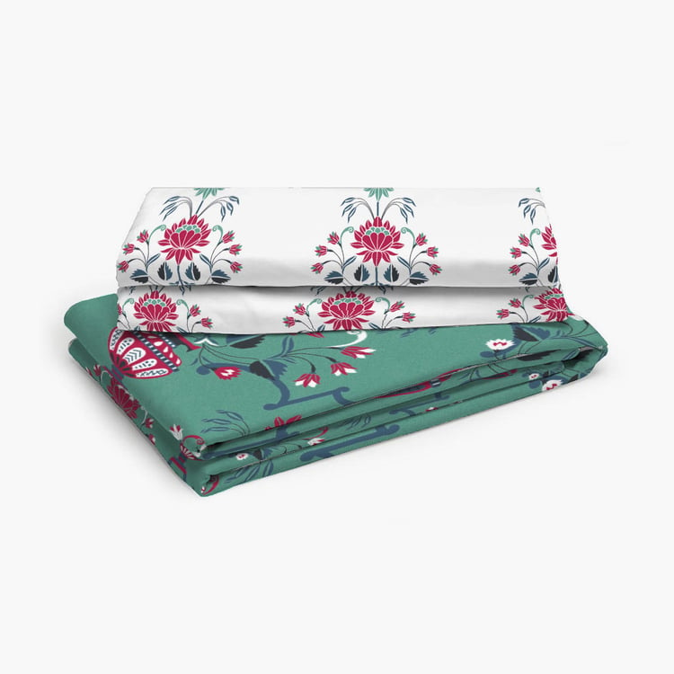 LAYERS Utsav Green Floral Printed Cotton Queen Bedsheet Set - 254x224cm - 3Pcs