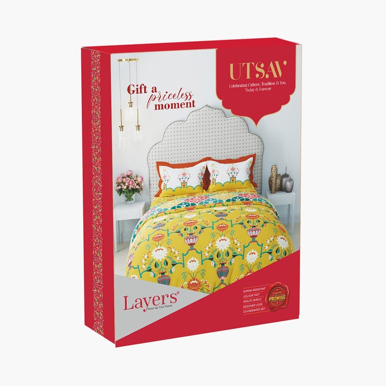 LAYERS Utsav Green Floral Printed Cotton Queen Bedsheet Set - 254x224cm - 3Pcs