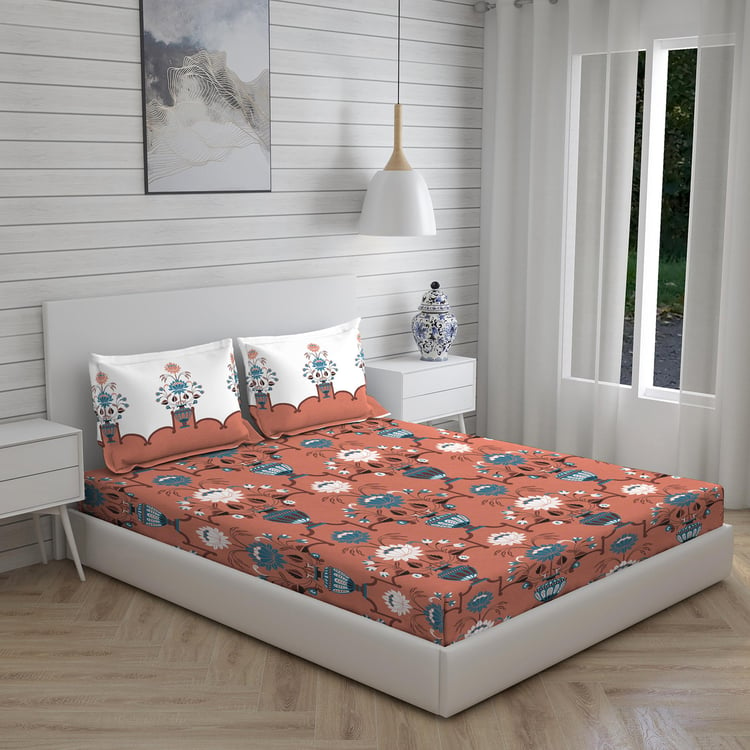 LAYERS Utsav Orange Floral Printed Cotton Queen Bedsheet Set - 254x224cm - 3Pcs