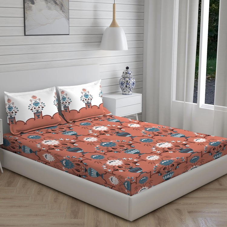 LAYERS Utsav Orange Floral Printed Cotton Queen Bedsheet Set - 254x224cm - 3Pcs