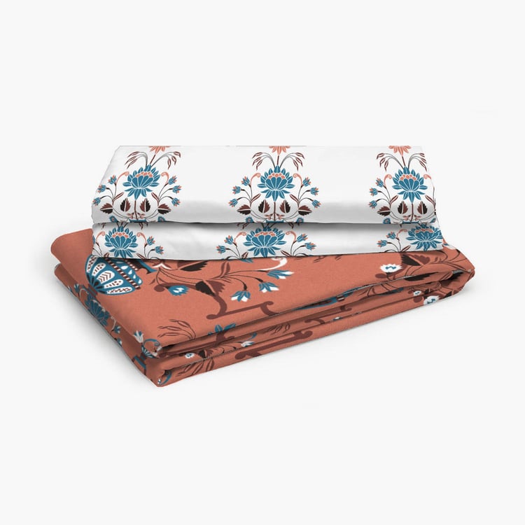 LAYERS Utsav Orange Floral Printed Cotton Queen Bedsheet Set - 254x224cm - 3Pcs