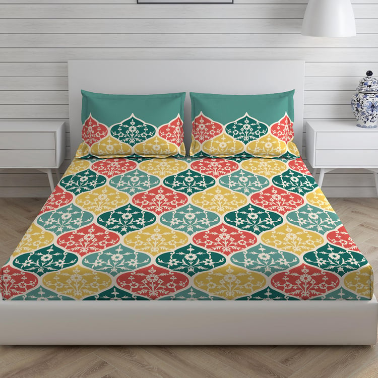 LAYERS Utsav Yellow Floral Printed Cotton Queen Bedsheet Set - 254x224cm - 3Pcs