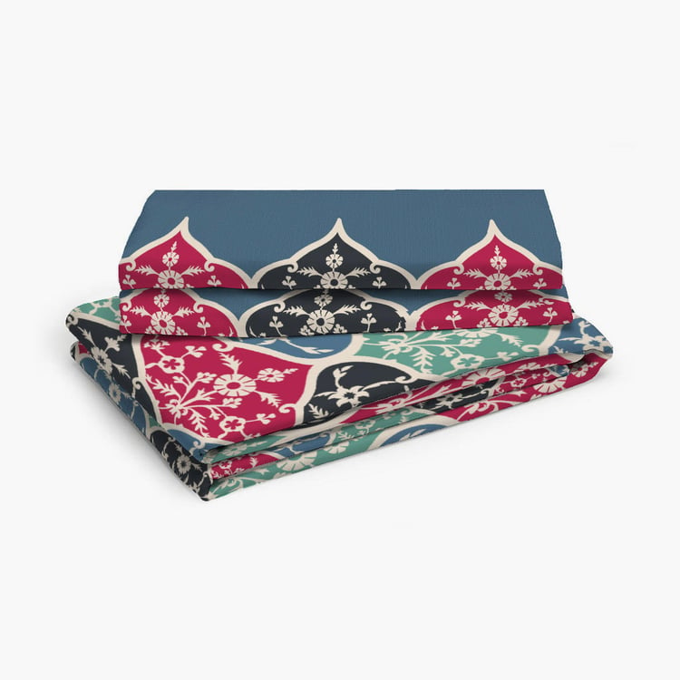 LAYERS Utsav Blue Floral Printed Cotton Queen Bedsheet Set - 254x224cm - 3Pcs