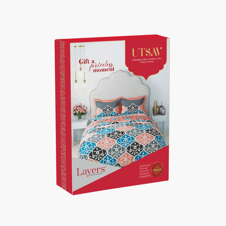 LAYERS Utsav Blue Floral Printed Cotton Queen Bedsheet Set - 254x224cm - 3Pcs