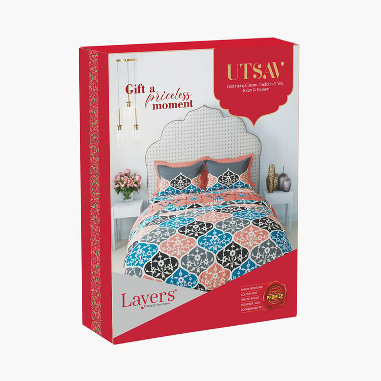 LAYERS Utsav Grey Floral Printed Cotton Queen Bedsheet Set - 254x224cm - 3Pcs