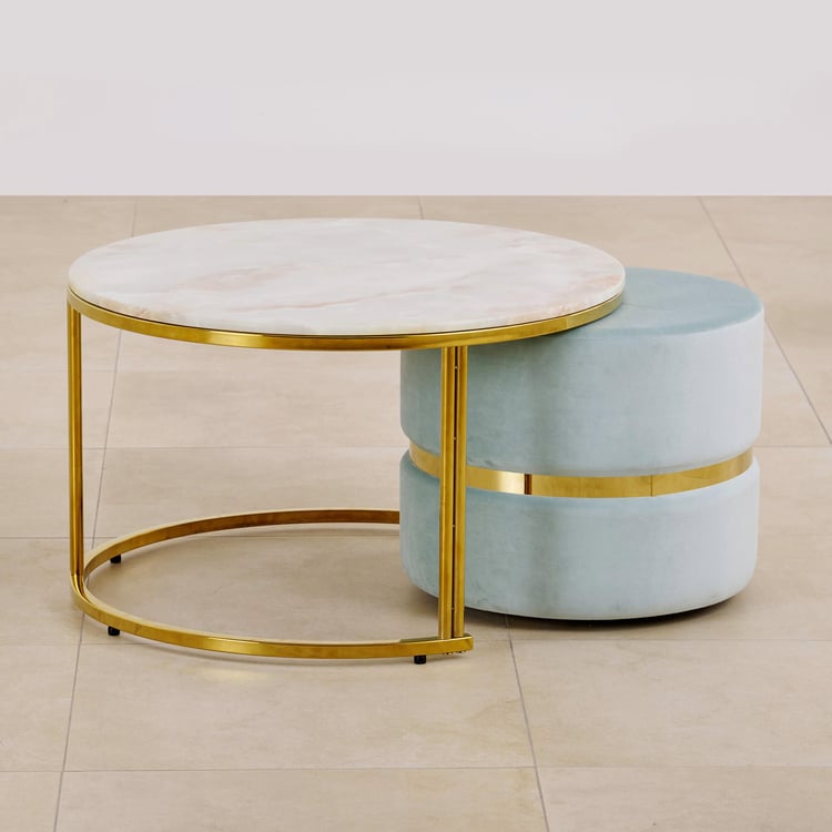 Vegas Faux Marble Top Coffee Table with Pouffe - Gold
