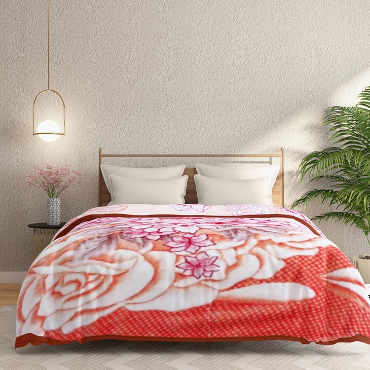 PORTICO Montana White and Red Printed Cotton Double Blanket - 210x240cm