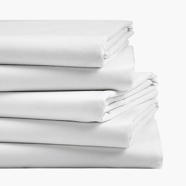 PORTICO Hotel White Solid Cotton Queen Bedsheet - 224x254cm - Set of 5