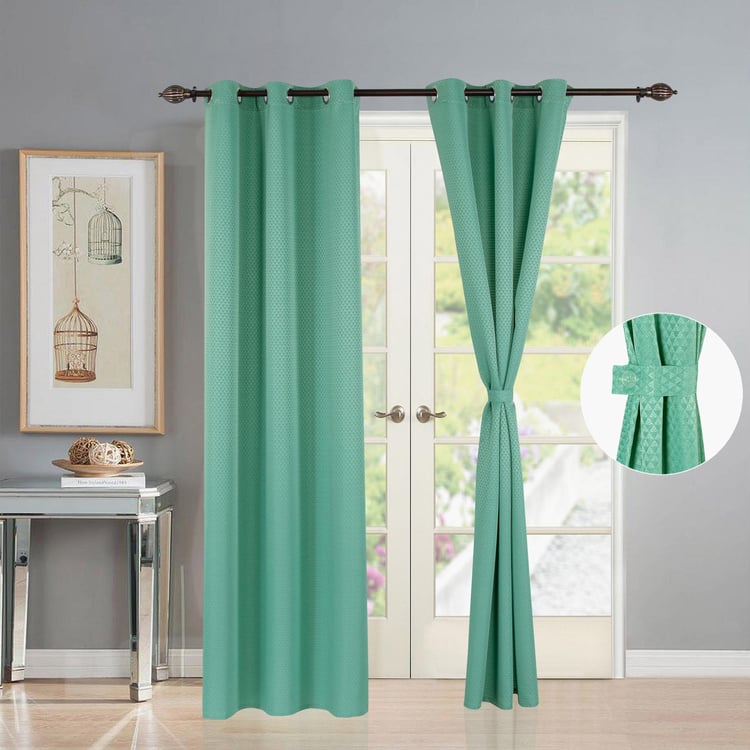 DECO WINDOW Dobby Teal Textured Semi-Blackout Door Curtains with Hanging Rod Eyelets and Tie Backs - 24x29cm - Set of 2