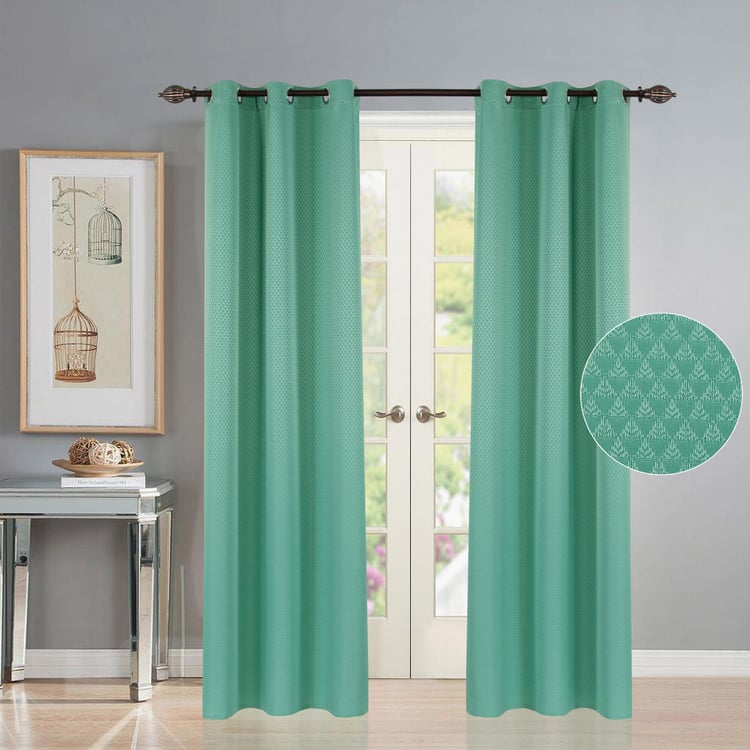 DECO WINDOW Dobby Teal Textured Semi-Blackout Door Curtains with Hanging Rod Eyelets and Tie Backs - 24x29cm - Set of 2