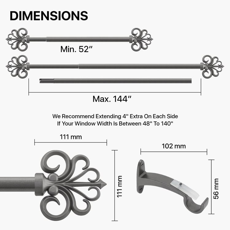 DECO WINDOW Fashion Grey Metal Extendable Curtain Rod with Hooks - 144x12.5x7.5cm
