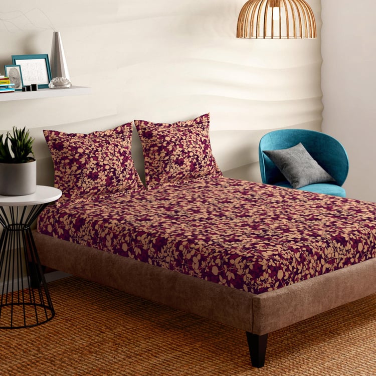 PORTICO Floral Romance Purple Printed Cotton King Fitted Sheet Set - 182 x 198 cm - 3Pcs