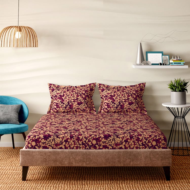 PORTICO Floral Romance Purple Printed Cotton King Fitted Sheet Set - 182 x 198 cm - 3Pcs