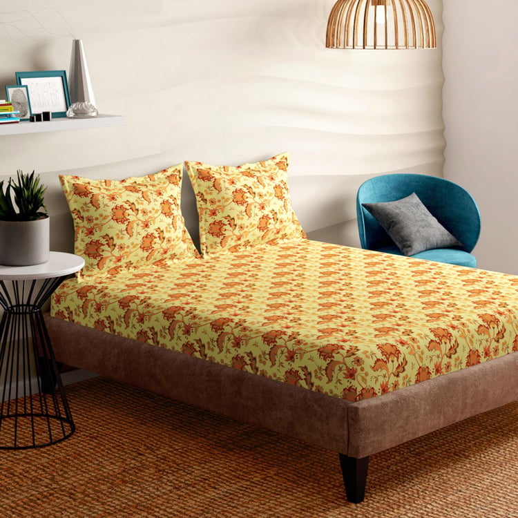 PORTICO Floral Romance Yellow Printed Cotton Queen Size Bedsheet Set - 224 x 254 cm - 3Pcs