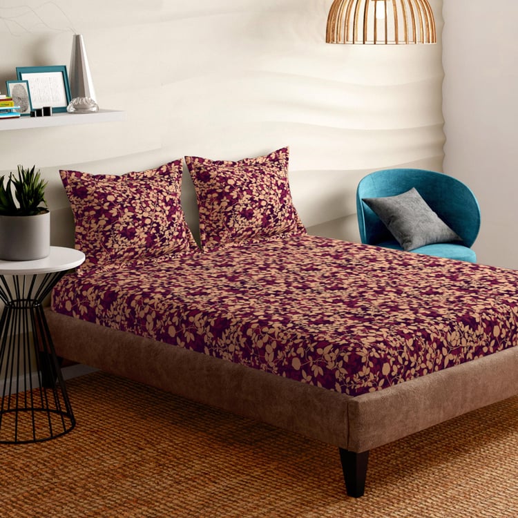 PORTICO Floral Romance Maroon Printed Cotton Queen Size Bedsheet Set - 224 x 254 cm - 3Pcs