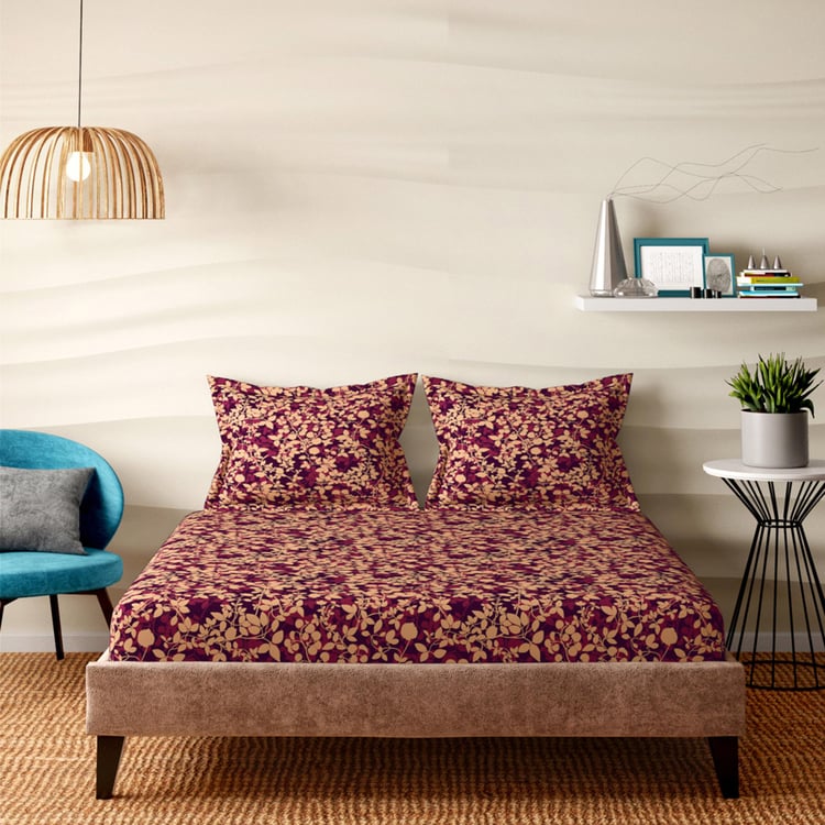 PORTICO Floral Romance Maroon Printed Cotton Queen Size Bedsheet Set - 224 x 254 cm - 3Pcs