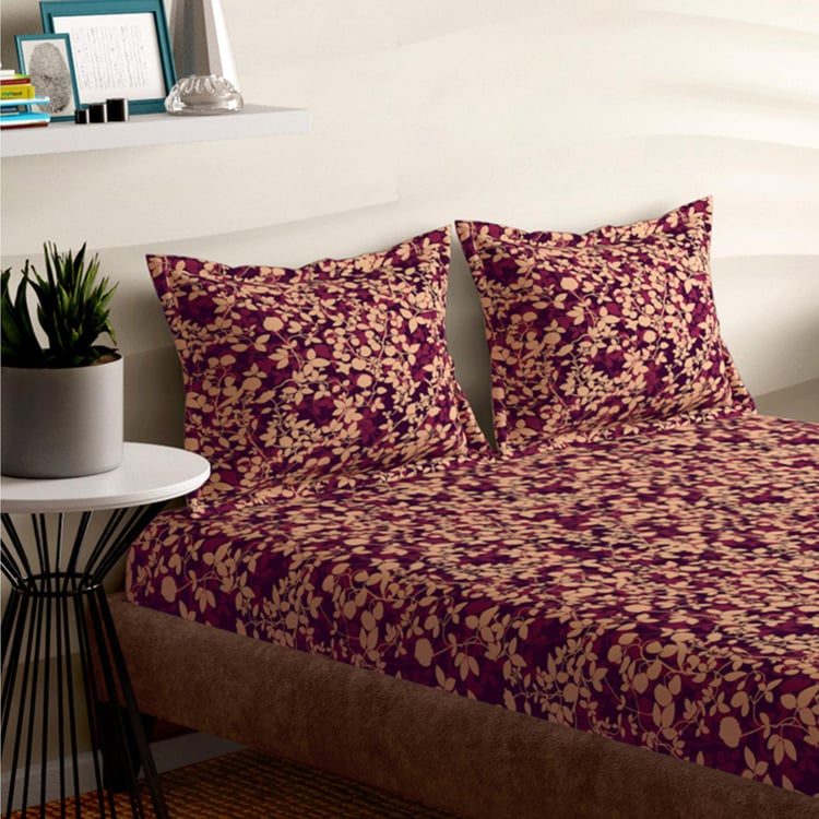 PORTICO Floral Romance Maroon Printed Cotton Queen Size Bedsheet Set - 224 x 254 cm - 3Pcs