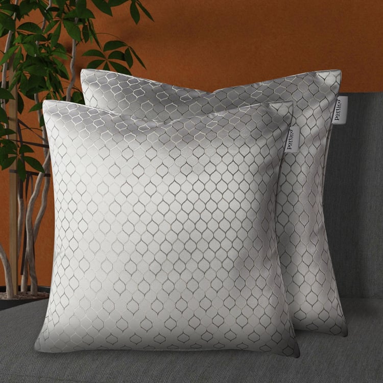 PORTICO Lotus White Printed Cushion Covers - 40x40cm - Set of 2