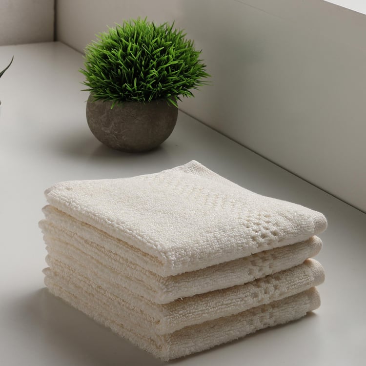 SPACES Swift Dry Set of 4 Cotton Textured Face Towel, Off-White - 30x30cm
