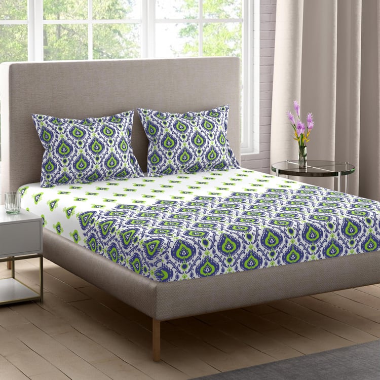 PORTICO Twilight White & Green Printed Cotton Double Bedsheet - 274 x 274 cm - 3 Pcs