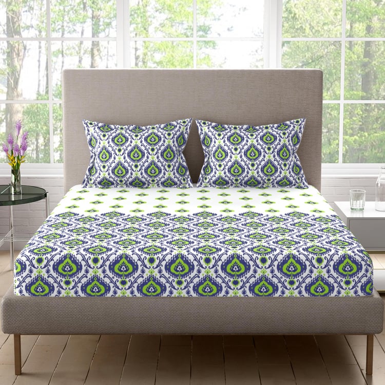 PORTICO Twilight White & Green Printed Cotton Double Bedsheet - 274 x 274 cm - 3 Pcs