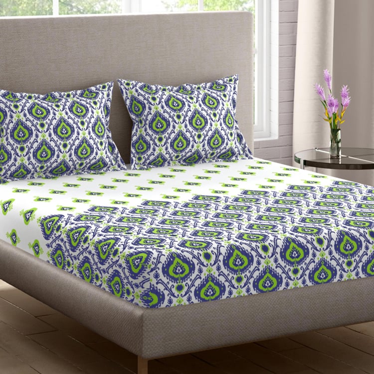 PORTICO Twilight White & Green Printed Cotton Double Bedsheet - 274 x 274 cm - 3 Pcs