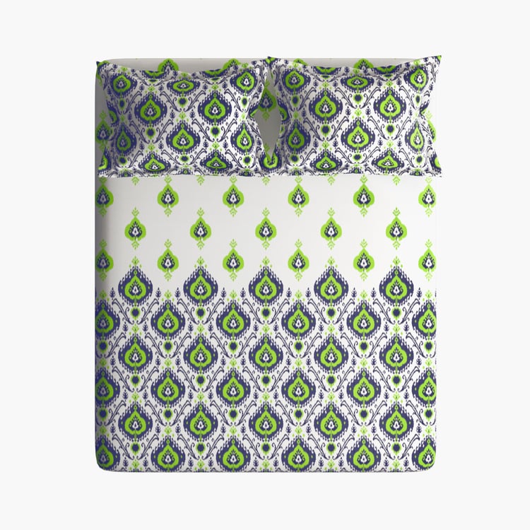 PORTICO Twilight White & Green Printed Cotton Double Bedsheet - 274 x 274 cm - 3 Pcs