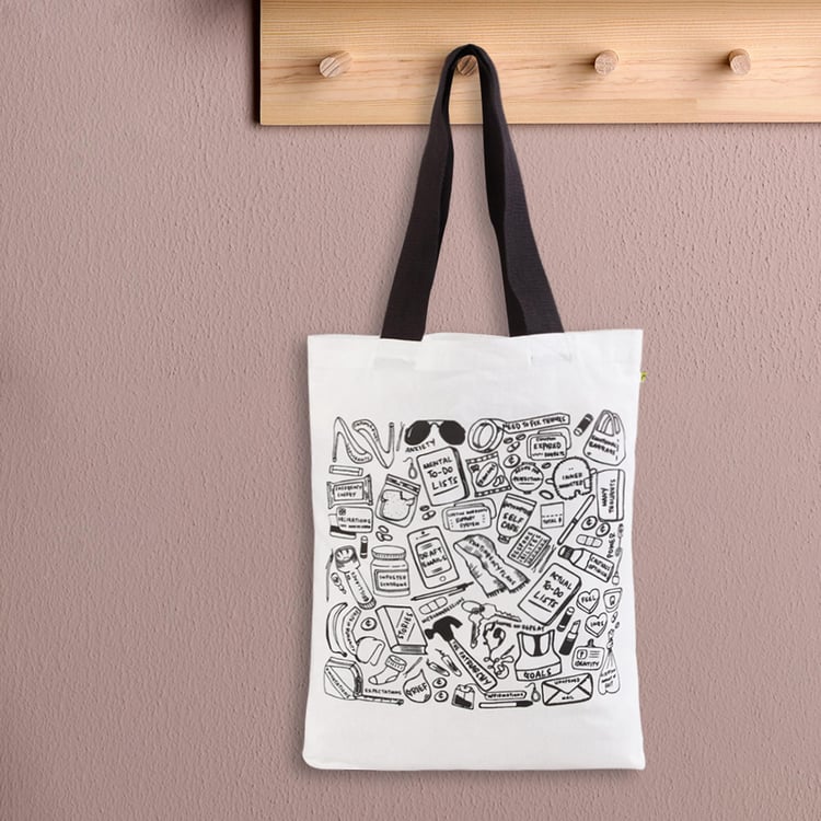 Minerals White Graphic Printed Cotton Tote Bag - 35 x 45 cm