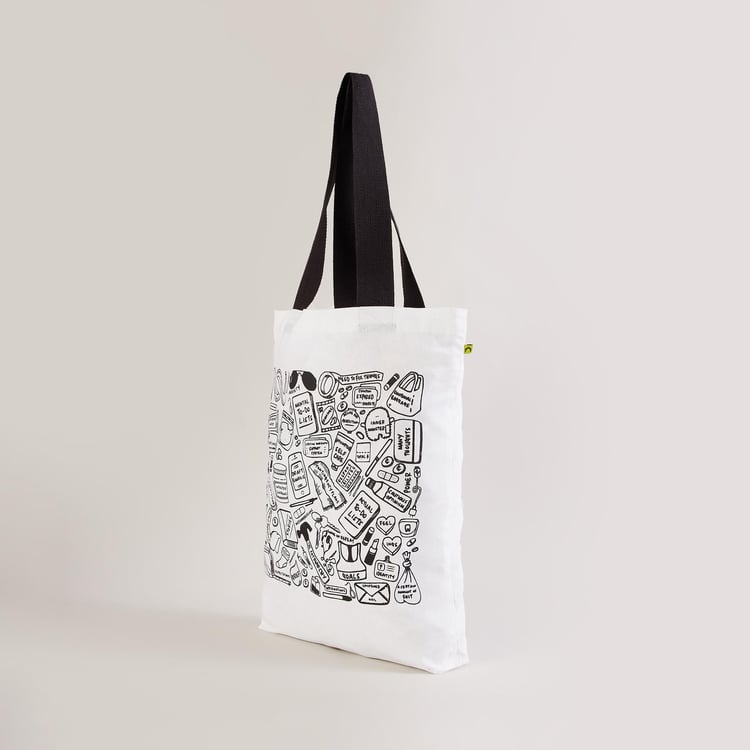 Minerals White Graphic Printed Cotton Tote Bag - 35 x 45 cm
