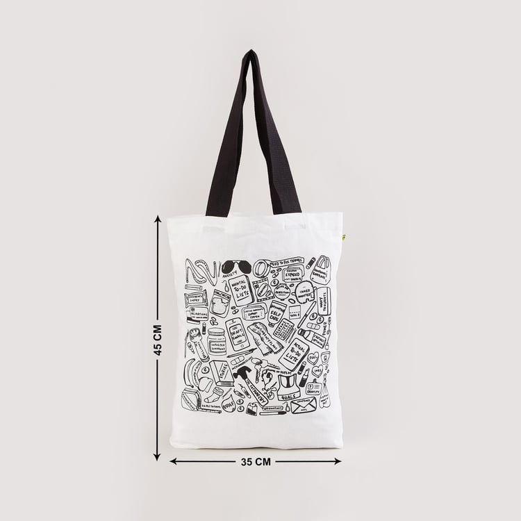 Minerals White Graphic Printed Cotton Tote Bag - 35 x 45 cm