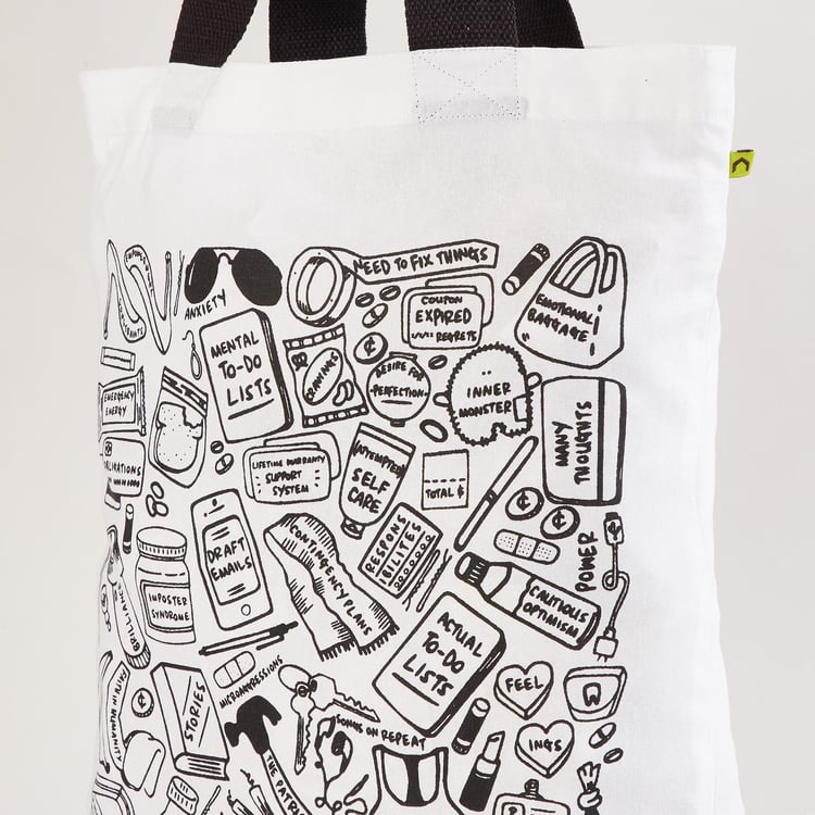 Minerals White Graphic Printed Cotton Tote Bag - 35 x 45 cm