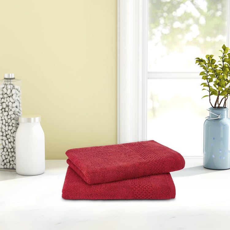 SPACES Swift Dry Set of 2 Cotton Textured Hand Towel, Red - 40x60cm