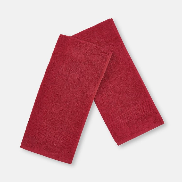 SPACES Swift Dry Set of 2 Cotton Textured Hand Towel, Red - 40x60cm