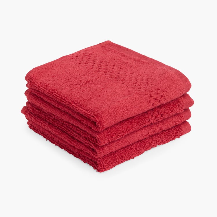 SPACES Swift Dry Set of 4 Cotton Textured Face Towel, Red - 30x30cm
