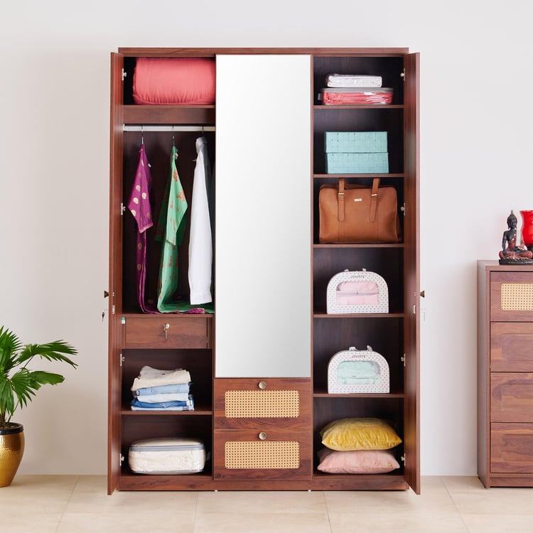 Elsa 3-Door Wardrobe with Mirror and Drawers - Brown